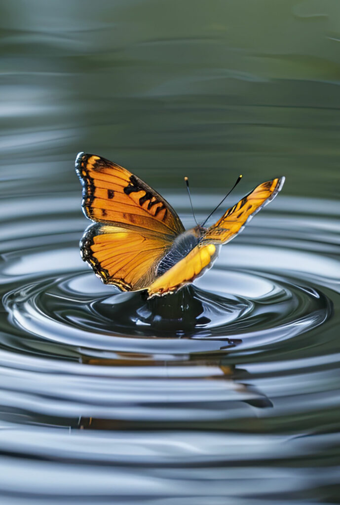 Photo of a butterfly atop a water ripple effect.